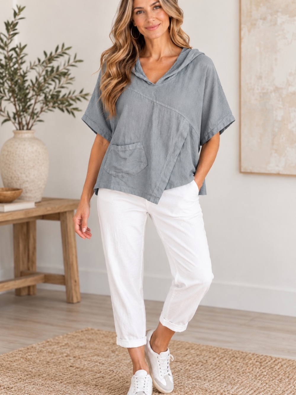 Lands Downunder Linen Hooded Tunic Gray Oversized Asymmetrical Pocket Boho Top